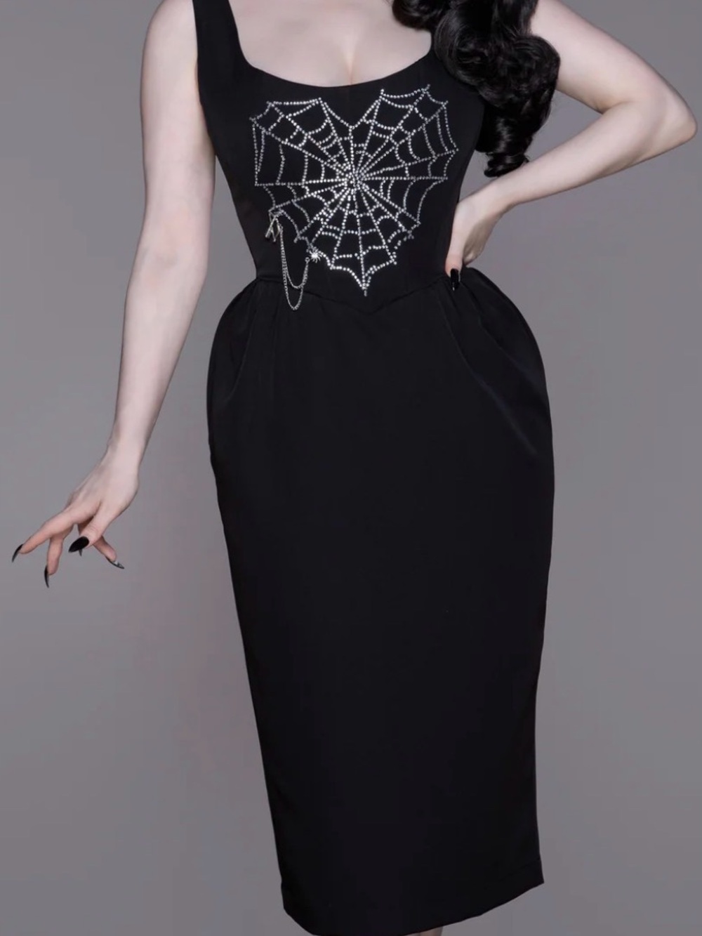 Weasel Wear Black Sleeveless Pencil Dress with Crystal Spiderweb Detail
